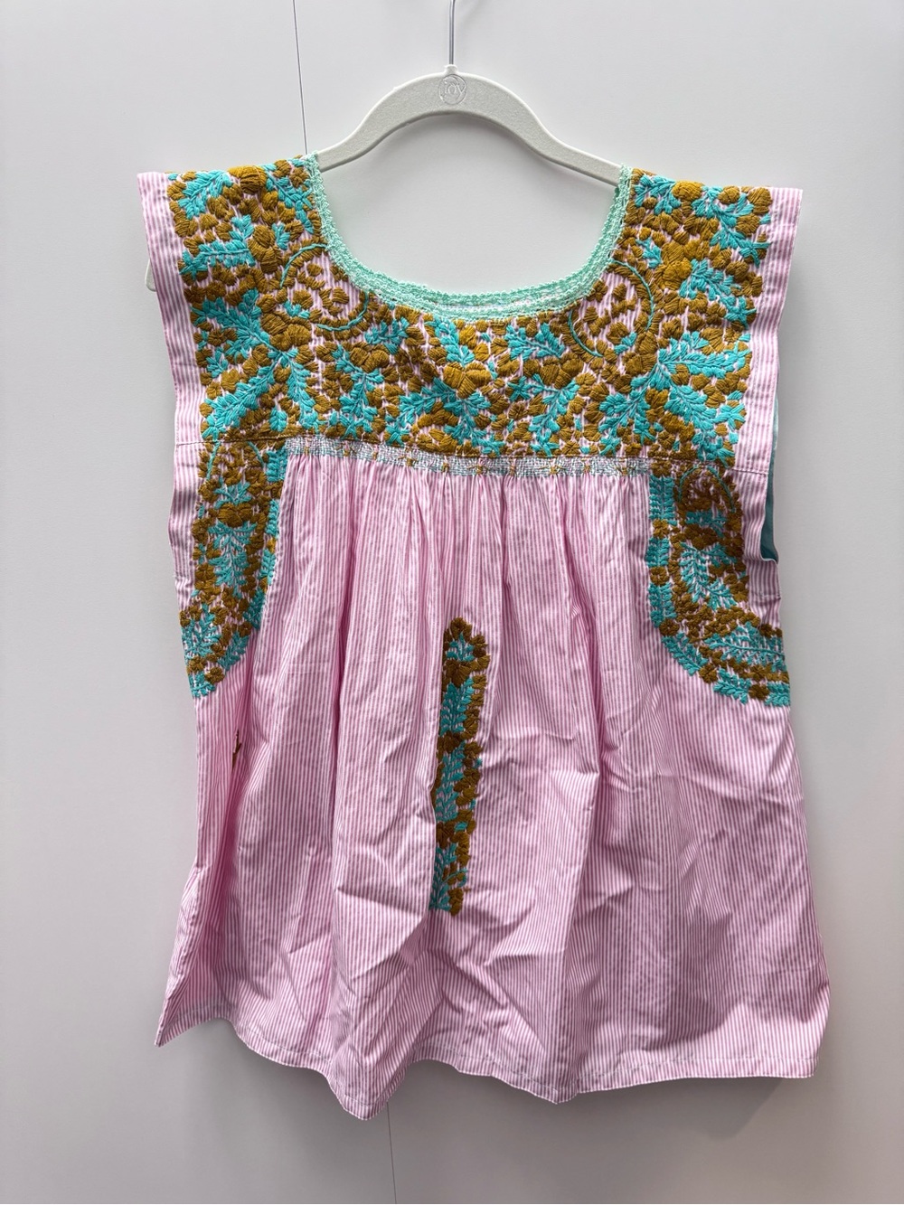 Mi Golondrina Pink Sleeveless Top with Turquoise & Mustard Embroidery